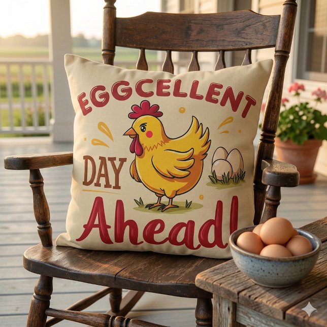 Eggcellent Day Ahead Funny Chicken Farm Throw Pillow (Eggcellent Day Ahead Funny Chicken Farm Throw Pillow Mockup A)
