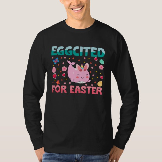 Eggcited For Easter Bunny Narwhal Rabbit Kids T-Shirt (Front)