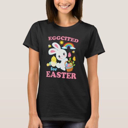 Eggcited For Easter   Easter Bunny Pun Rainbow Egg T_Shirt