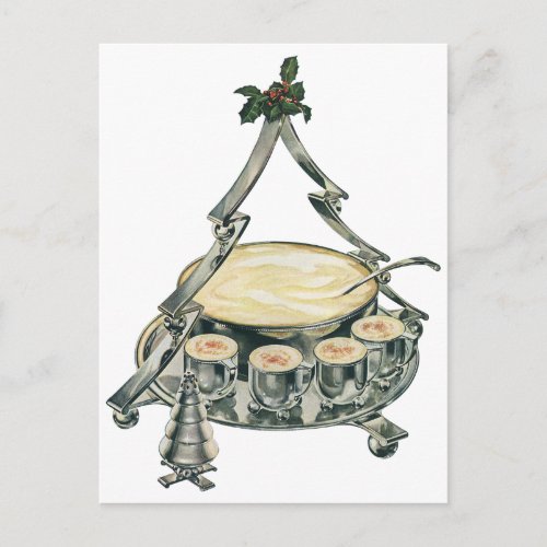 Eggnog in a Vintage Christmas Tree Punch Bowl Holiday Postcard