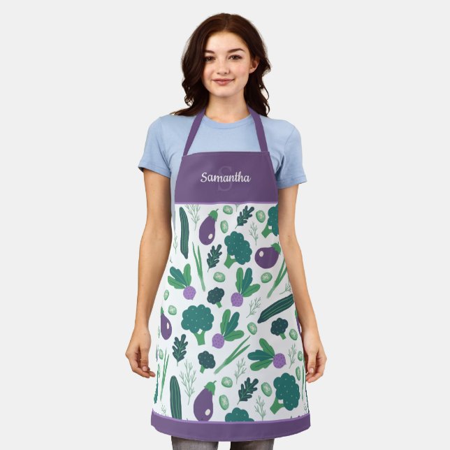 Eggplant and Broccoli Pattern with Name Purple Apr Apron (Worn)