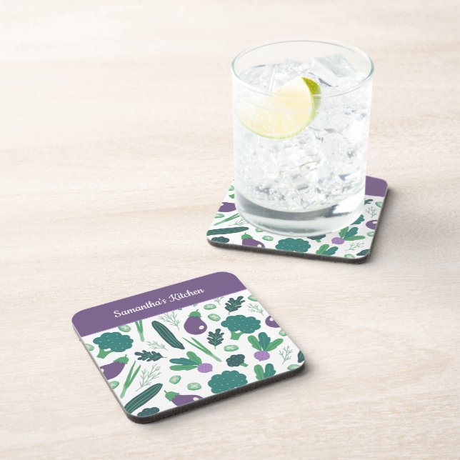 Eggplant and Broccoli Pattern with Name Purple Beverage Coaster (Right Side)