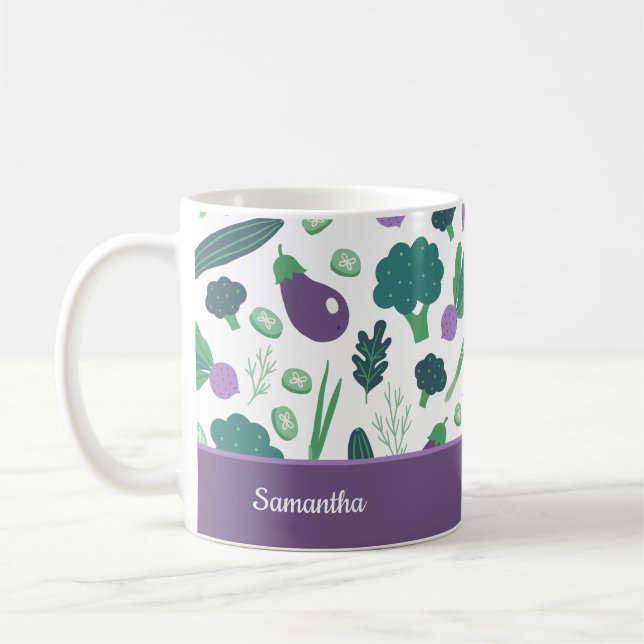 Eggplant and Broccoli Pattern with Name Purple Coffee Mug (Left)