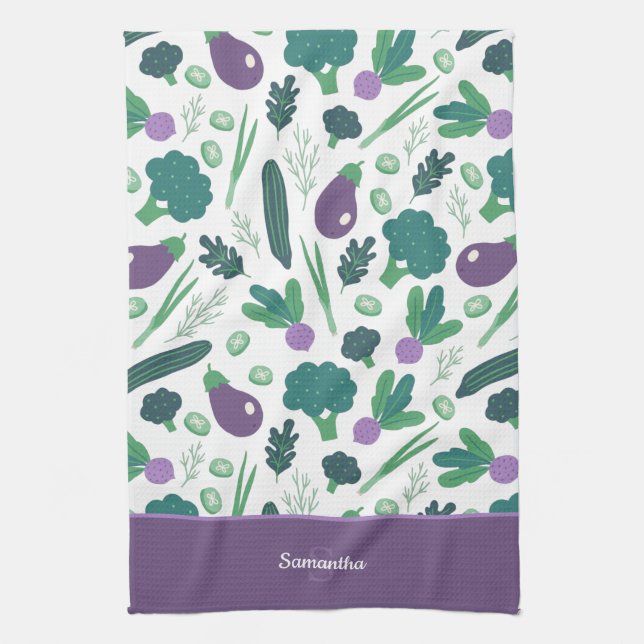 Eggplant and Broccoli Pattern with Name Purple Kitchen Towel (Vertical)