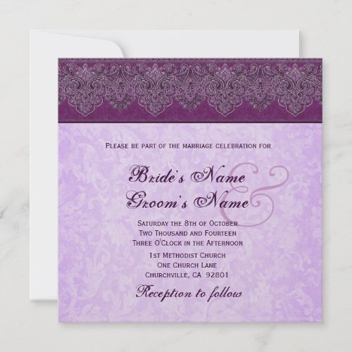 Eggplant and Lilac Purple Damask Ribbon Wedding Invitations