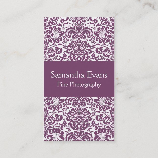 Eggplant and White Damask Business Card (Front)