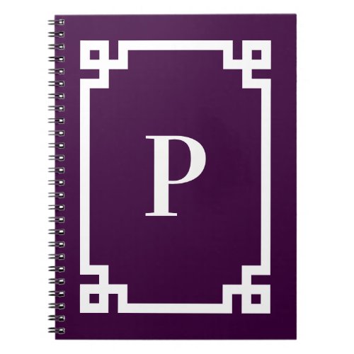 Eggplant and White Greek Key Border Monogram Blank Notebook