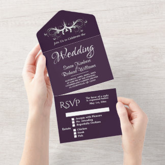  Eggplant and White Tri Fold w Rsvp Wedding  All In One Invitation
