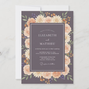 Eggplant Apricot Peony Wedding Invitation