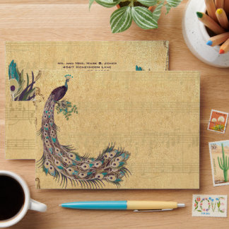 "Eggplant Aqua and Gold Peacock Vintage 3 Feathers Envelope