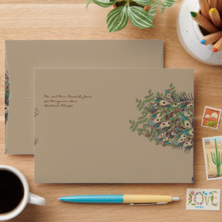 Eggplant Aqua and Gold Peacock Vintage 3 Feathers Envelope