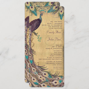 Eggplant Aqua and Gold Peacock Vintage 3 Feathers Invitation