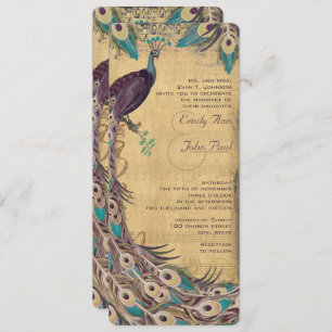 Eggplant Aqua and Gold Peacock Vintage 3 Feathers Invitation
