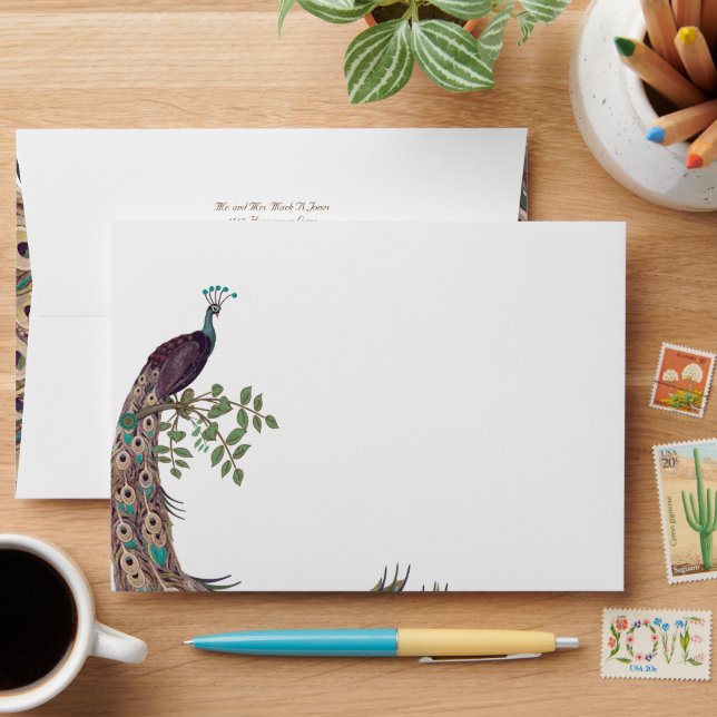 Eggplant Aqua and Gold Peacock Vintage Feathers Envelope (Desk)