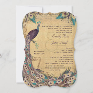 Eggplant Aqua Peacock Vintage 3 Feathers Invitation