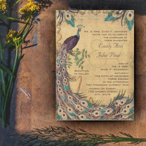 Eggplant Aqua  Peacock Vintage 3 Feathers Invitation