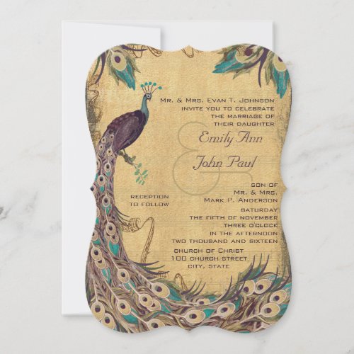 Eggplant Aqua  Peacock Vintage 3 Feathers Invitation