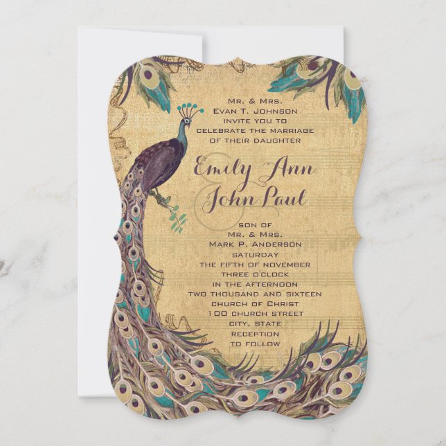 Eggplant Aqua Peacock Vintage 3 Feathers Invitation (Front)
