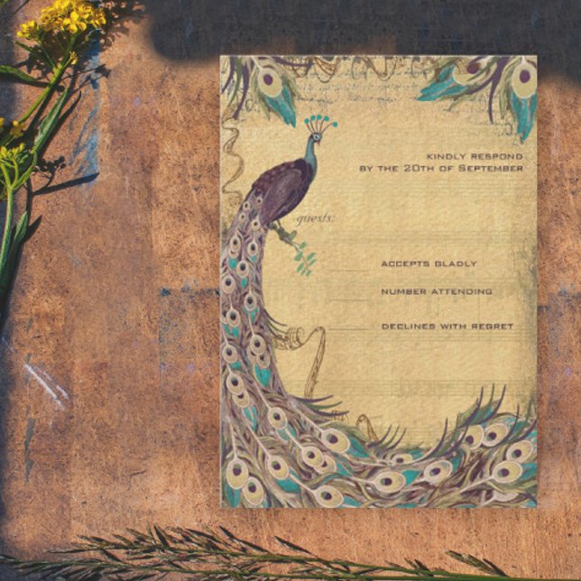 Eggplant Aqua  Peacock Vintage 3 Feathers RSVP Card (Creator Uploaded)