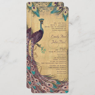 Eggplant Aqua Vintage Peacock Wedding Invitation