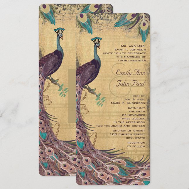 Eggplant Aqua Vintage Peacock Wedding Invitation (Front/Back)
