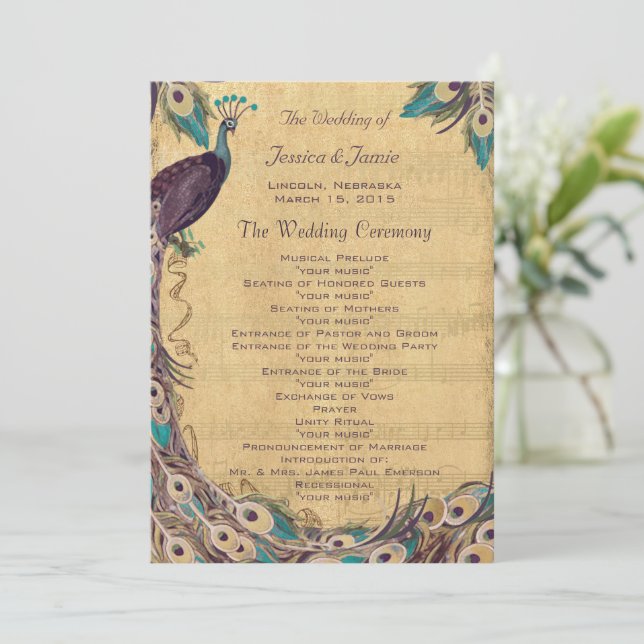 Eggplant Aqua Vintage Peacock Wedding Program (Standing Front)