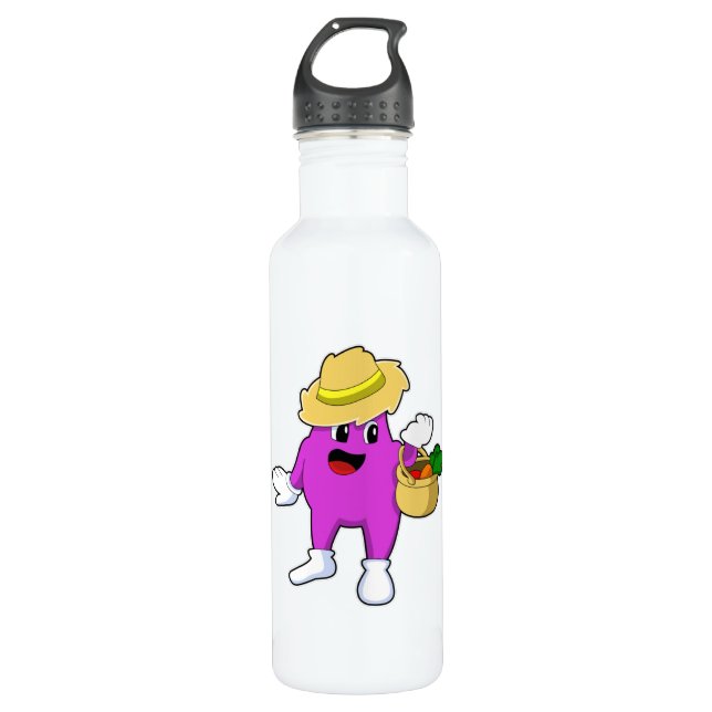 Eggplant as Farmer with Carrot Stainless Steel Water Bottle (Front)