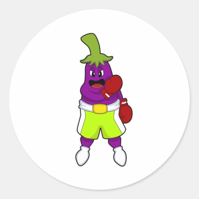 Eggplant at Boxing with Boxing gloves Classic Round Sticker (Front)