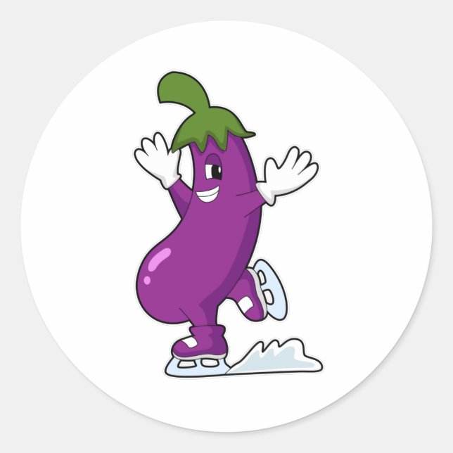 Eggplant at Ice skating with Ice skates Classic Round Sticker (Front)