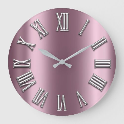 Eggplant Blush Gray Metal Grey Silver Roman Number Large Clock