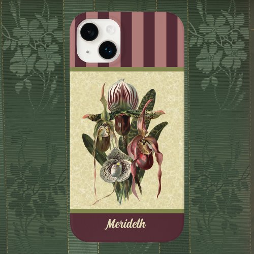 Eggplant Boho Green Lady Slipper Orchid with Name Case_Mate iPhone 14 Plus Case