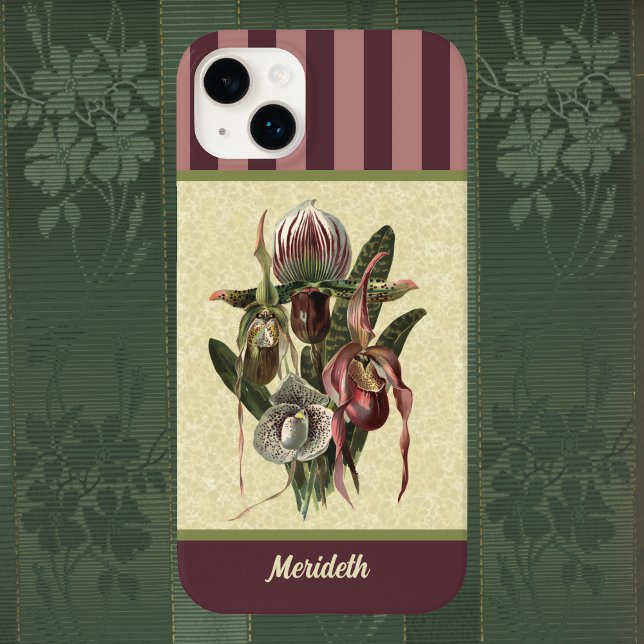Eggplant Boho Green Lady Slipper Orchid with Name Case-Mate iPhone Case (Creator Uploaded)