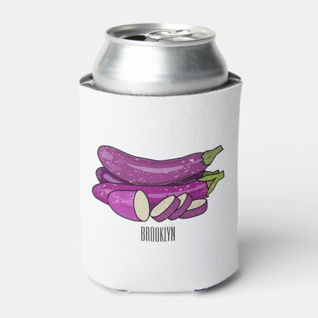 Eggplant cartoon illustration can cooler (Can Front)