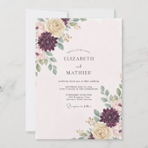 Eggplant Champagne Peony Wedding Invitation