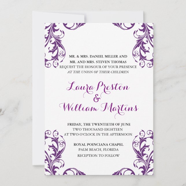 Eggplant Damask Wedding Invitation (Front)