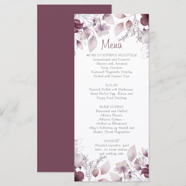Eggplant, Dusty Purple, Mauve Pink Floral Menu (Front/Back)