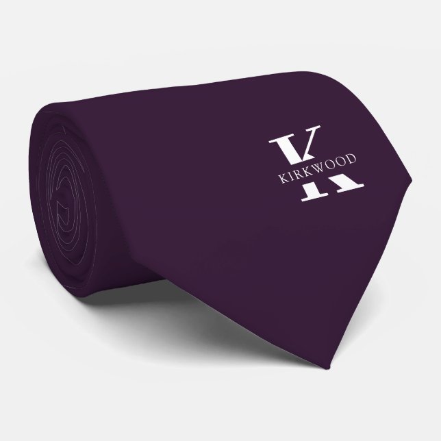 Eggplant | Elegant Monogram+Name | one-Sided Neck Tie (Rolled)