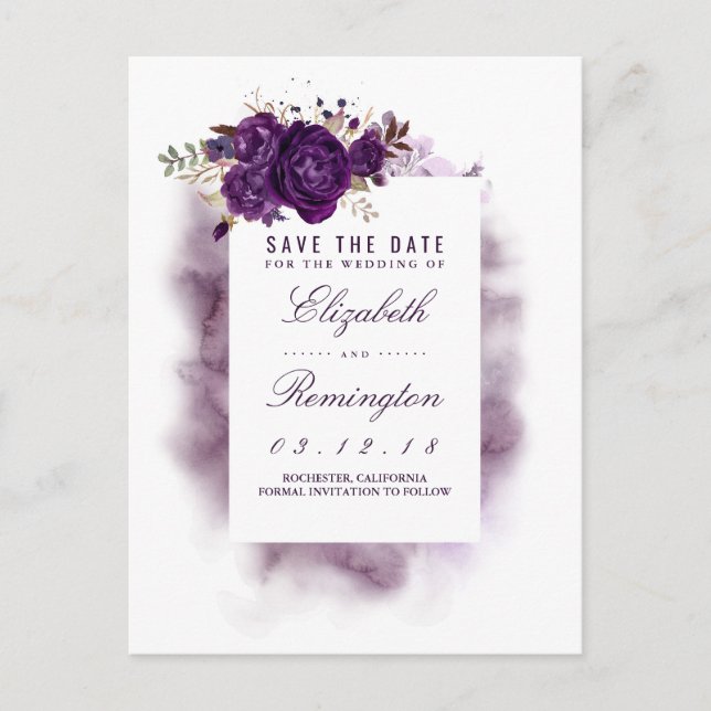 Eggplant Floral Elegant Save the Date Announcement Postcard (Front)