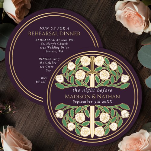 Eggplant Gold Floral Sword Wedding Rehearsal Invitation