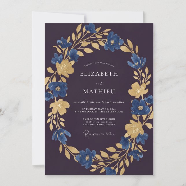 Eggplant Gold Leaf Wedding Invitation (Front)