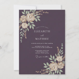 Eggplant Gold Leafy Wedding Invitation