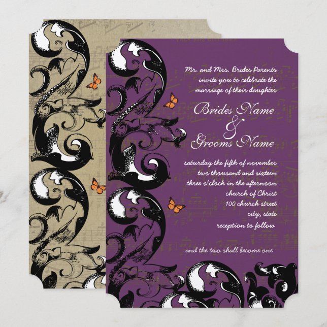 Eggplant Gold Metallic Butterfly Swirl Wedding Invitation (Front/Back)