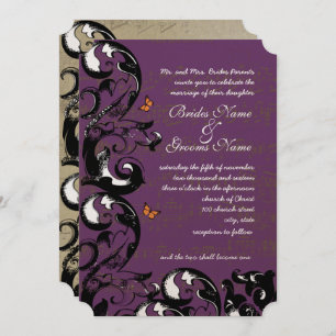 Eggplant Gold Metallic Butterfly Swirl Wedding Invitation