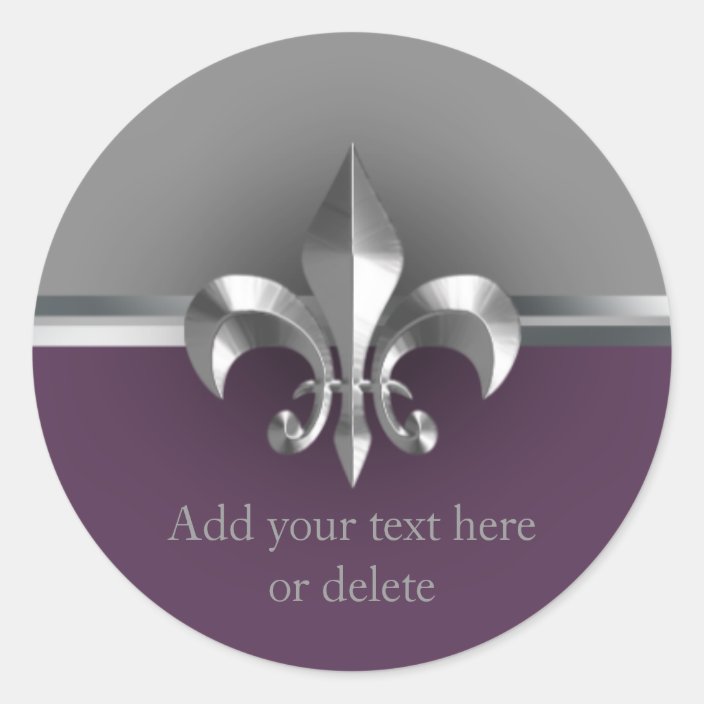 Eggplant Gray Metal Style Silver Fleur De Lis Classic Round Sticker