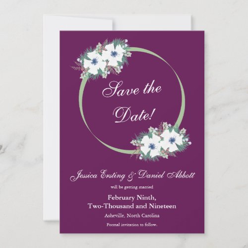 Eggplant  Green Floral Save the Date Card