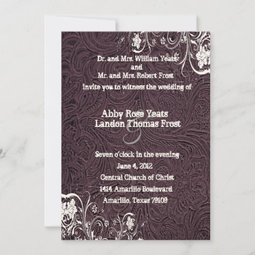 Eggplant Leather and White Lace Wedding Invitation