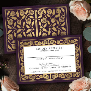 Eggplant Medieval Gold Sword Royal Wedding RSVP Card