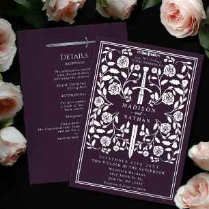 Eggplant Medieval Silver Sword Wedding Details Foil Invitation