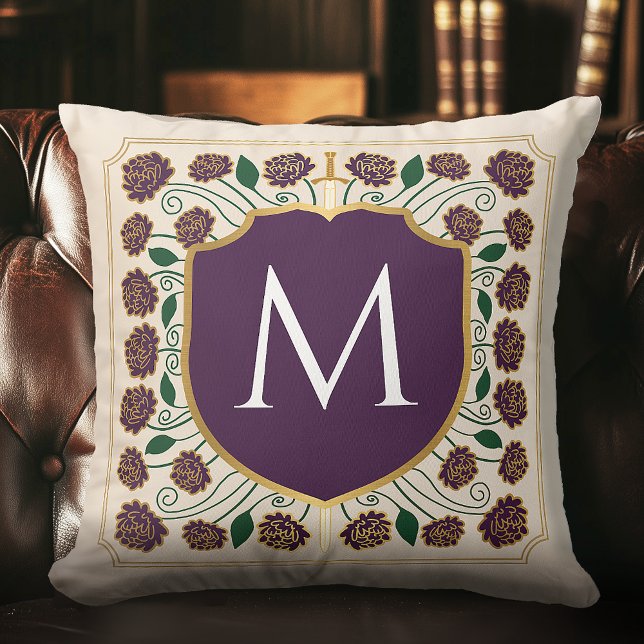 Eggplant Medieval Sword Shield Monogram Throw Pillow (Creator Uploaded)