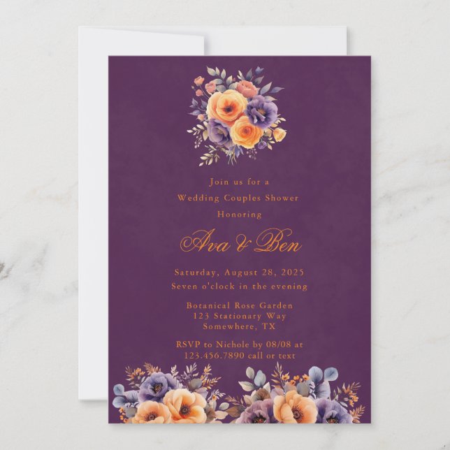 Eggplant Orange Floral Wedding Couples Shower Invitation (Front)